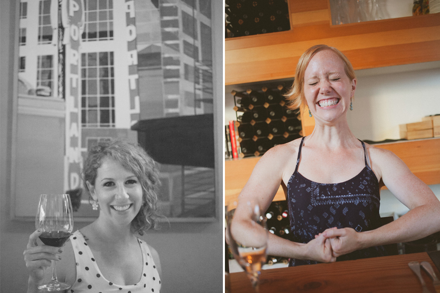 A split image shows two women at a restaurant: the left smiles holding a glass of wine, the right poses playfully with eyes closed and arms flexed, a drink on the table. Jessica Hill Photography - Wedding Photographer - Oregon