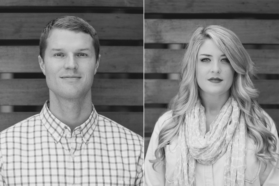 Black and white photo of a man and a woman, each facing forward against a wooden plank background, shown in separate side-by-side portraits. Jessica Hill Photography - Wedding Photographer - Oregon