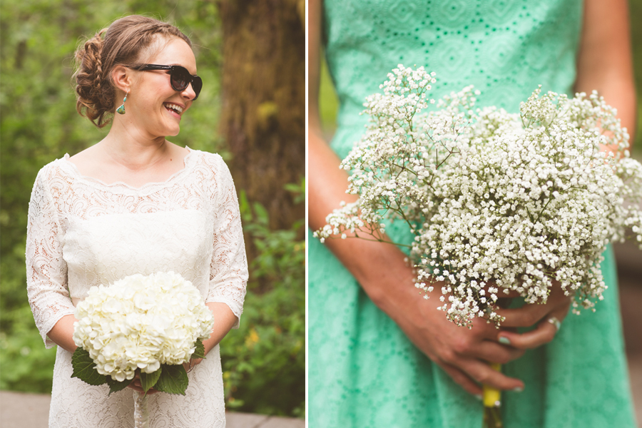 A woman in a white lace dress and sunglasses holds a white bouquet; next to her, a person in a mint green dress holds a bouquet of baby's breath flowers. Jessica Hill Photography - Wedding Photographer - Oregon
