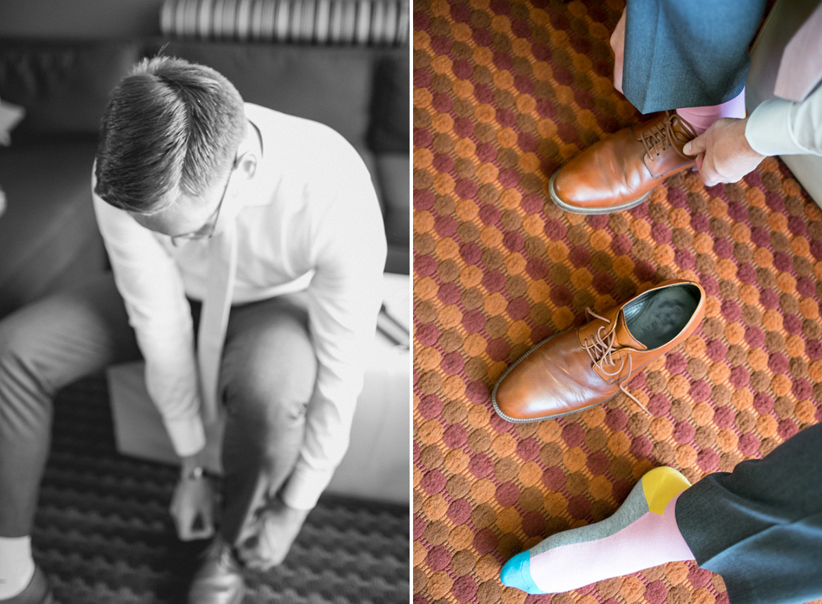 Split image: On the left, a man in glasses bends to tie his shoe, shown in black and white. On the right, he puts on brown dress shoes over colorful socks on a patterned carpet. Jessica Hill Photography - Wedding Photographer - Oregon