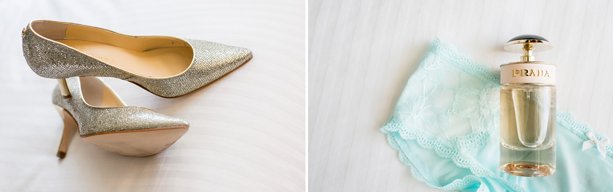 Close-up of a pair of sparkly silver high-heeled shoes on a white surface; next to them, a bottle of Prada perfume sits on a light blue lace lingerie piece. Jessica Hill Photography - Wedding Photographer - Oregon
