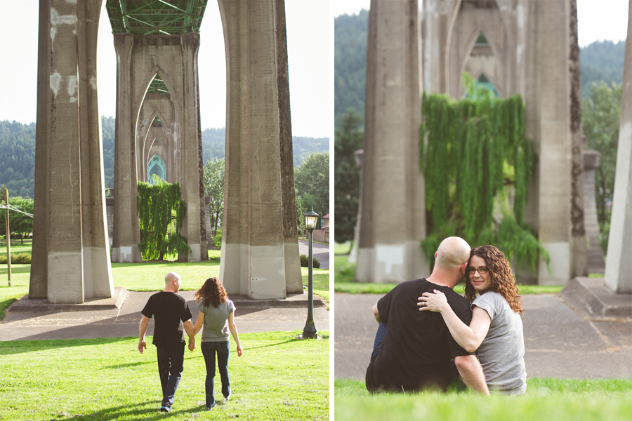 Two people are seen together at a park beneath a large concrete bridge, walking hand in hand in one photo and sitting close together in the other. Jessica Hill Photography - Wedding Photographer - Oregon