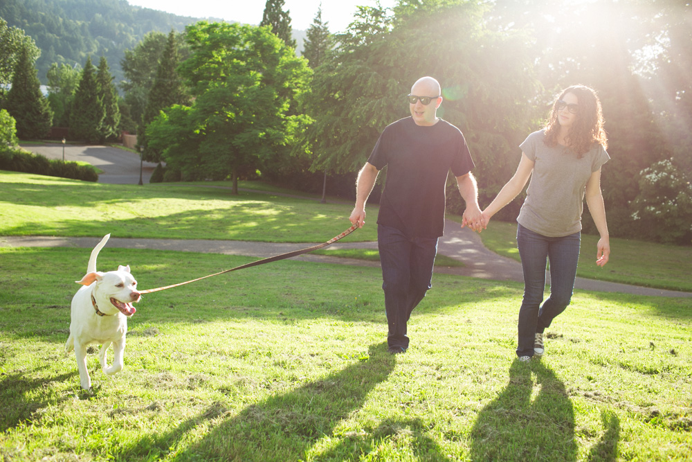 A man and a woman hold hands while walking a dog on a leash in a sunny park, surrounded by green trees and grass. Jessica Hill Photography - Wedding Photographer - Oregon
