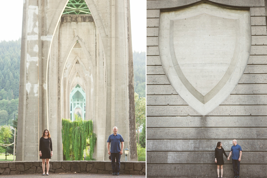 Two people stand apart under a concrete bridge in one photo, and hold hands beneath a large shield-shaped emblem on a wall in the other. Jessica Hill Photography - Wedding Photographer - Oregon
