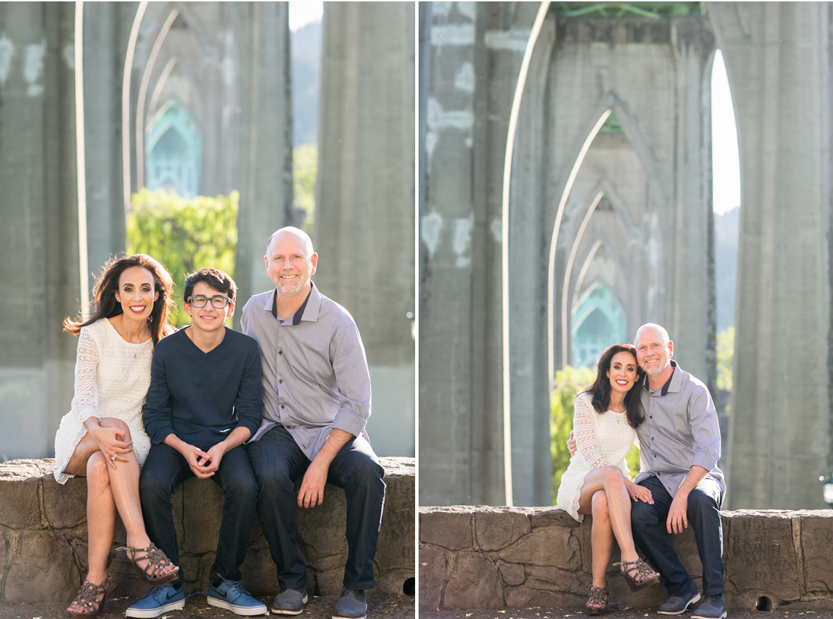 Two side-by-side photos of a family sitting on a stone ledge under a large bridge; first with three people, then with just the couple. Jessica Hill Photography - Wedding Photographer - Oregon