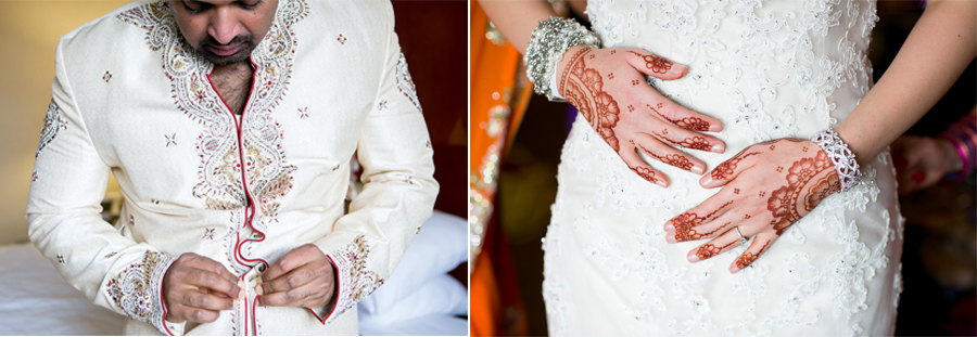 A man in an embroidered cream sherwani buttons his jacket, and a woman in a white dress displays her hands adorned with intricate henna designs and jewelry. Jessica Hill Photography - Wedding Photographer - Oregon