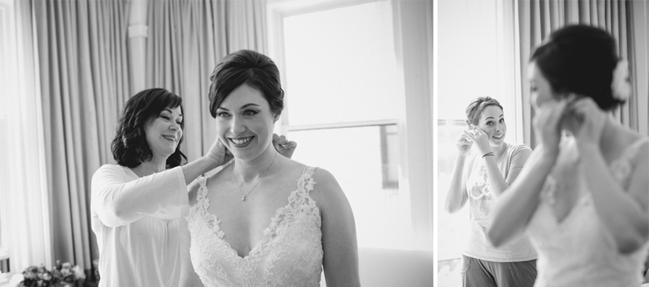 A woman helps a bride with her necklace, while another woman in the background puts on earrings. The setting appears to be a well-lit room with curtains. Jessica Hill Photography - Wedding Photographer - Oregon