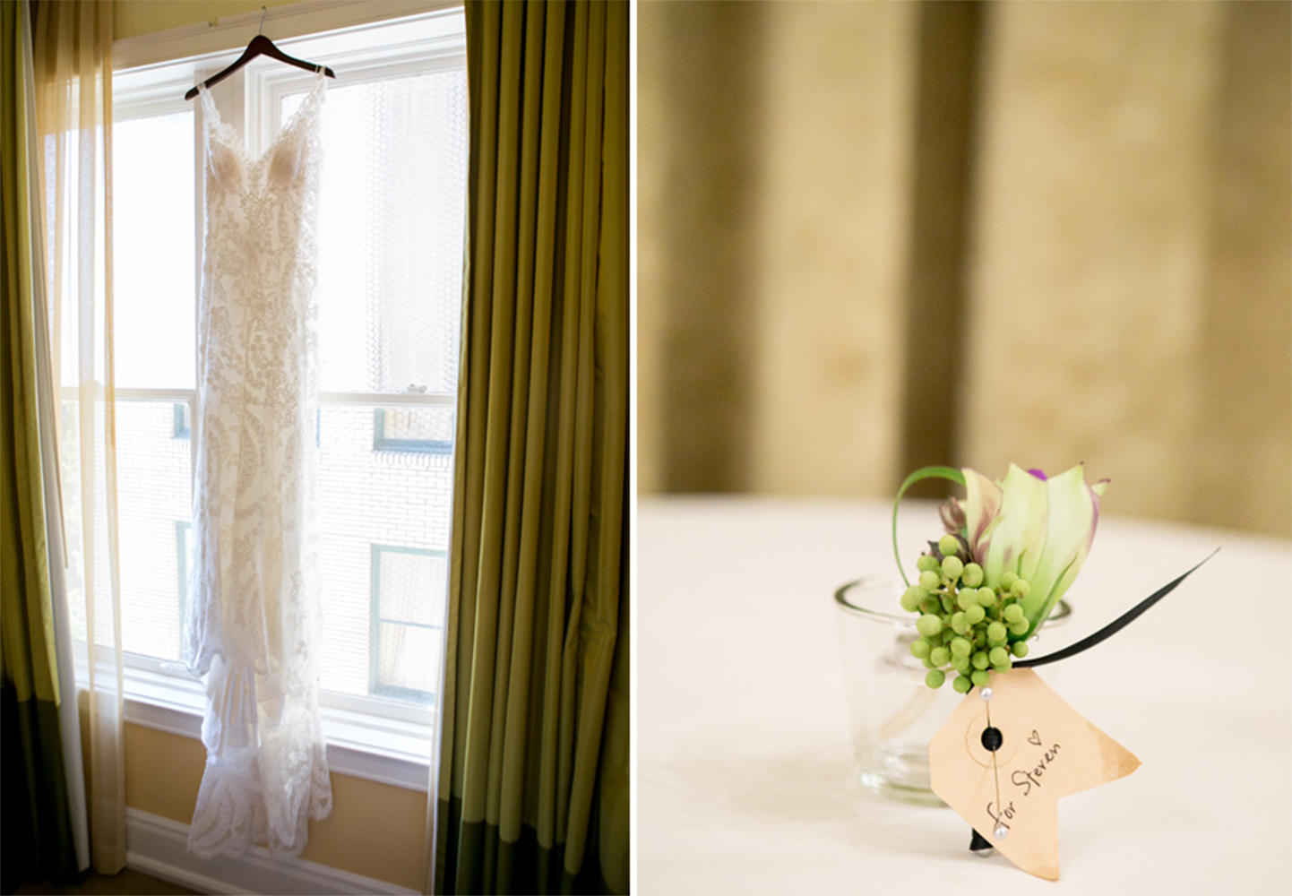 A white lace wedding dress hangs in front of a window; next to it, a boutonniere with a tag reading "For Steve" sits on a table. Jessica Hill Photography - Wedding Photographer - Oregon