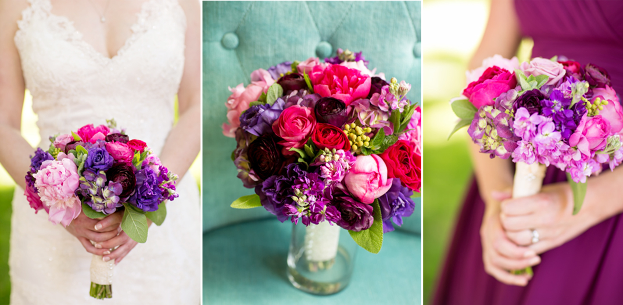 Three images show a vibrant bouquet of pink and purple flowers: held by a bride, displayed in a vase, and held by a person in a purple dress. Jessica Hill Photography - Wedding Photographer - Oregon
