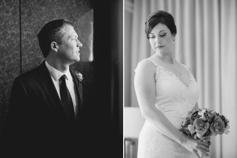 Black-and-white photo split in two: on the left, a man in a suit looks to the side; on the right, a woman in a wedding dress holds a bouquet and looks downward. Jessica Hill Photography - Wedding Photographer - Oregon