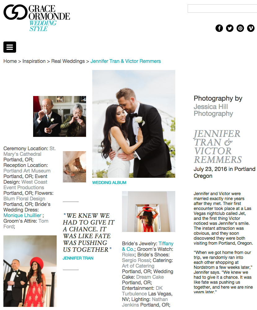 A wedding website page features a central photo of a bride and groom embracing outdoors. Side columns display venue details, vendor credits, a quote, and text describing the couple’s Portland, Oregon wedding. Jessica Hill Photography - Wedding Photographer - Oregon