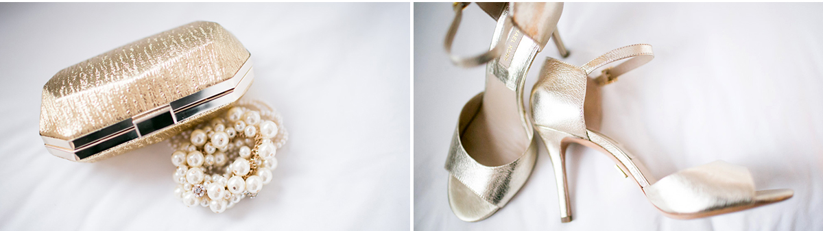 A gold clutch, pearl bracelet, and gold high-heeled sandals are arranged on a white surface. Jessica Hill Photography - Wedding Photographer - Oregon