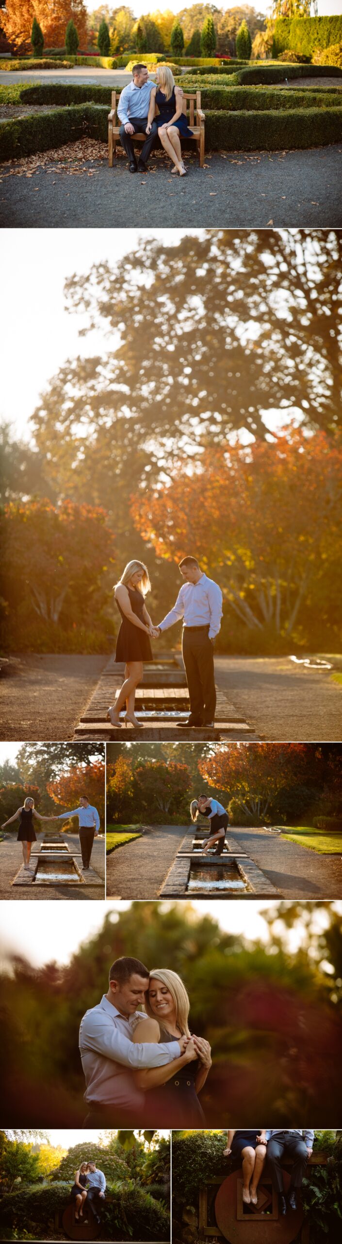 A wedding reception with guests dining indoors, speeches being made, and a couple posing outside a white chapel at sunset and twilight. Jessica Hill Photography