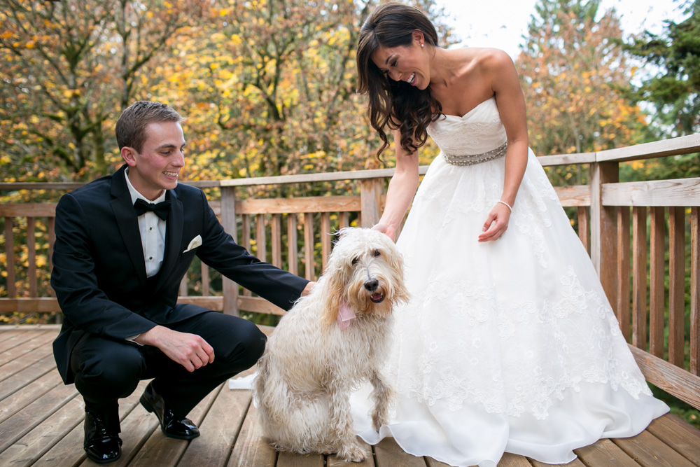 A bride and groom in formal attire smile and pet a white, shaggy dog on a wooden deck with autumn trees in the background. Jessica Hill Photography - Wedding Photographer - Oregon