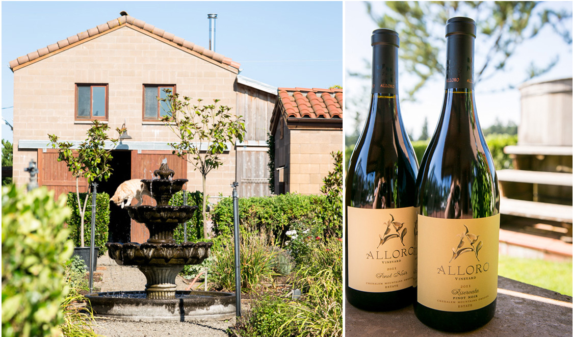 A small vineyard building with a fountain and garden on the left; two bottles of Alloro wine displayed outdoors on the right. Jessica Hill Photography - Wedding Photographer - Oregon