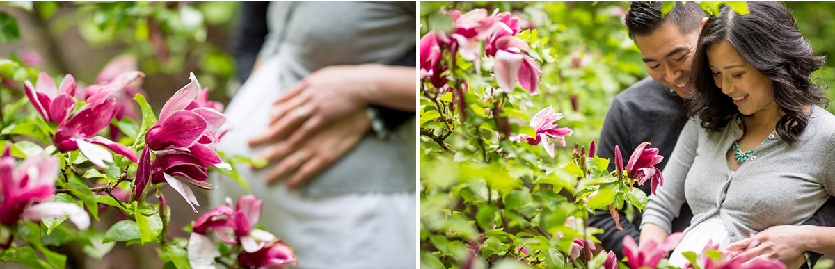 A couple poses in a garden with pink flowers; the woman is pregnant, and both are smiling as they hold her baby bump. Jessica Hill Photography - Wedding Photographer - Oregon