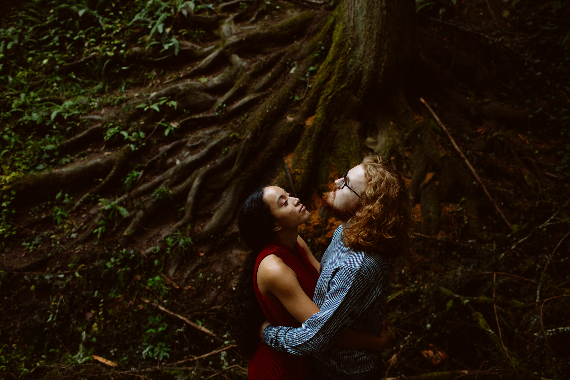A couple stands embracing at the base of a large tree with exposed roots in a forested area, looking at each other. Jessica Hill Photography