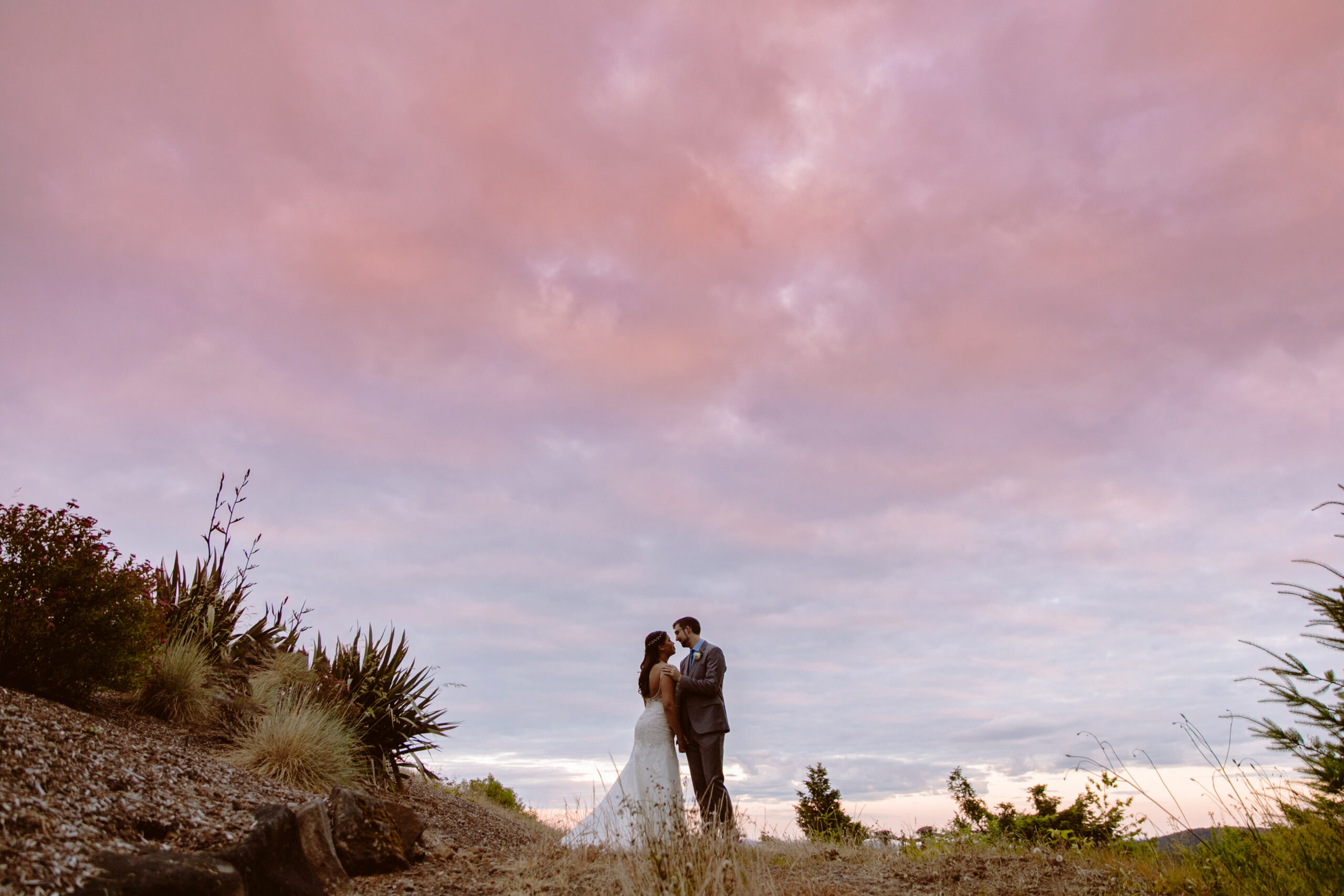 A bride and groom stand close together outdoors beneath a wide, pink and purple evening sky, surrounded by sparse plants and trees. Jessica Hill Photography