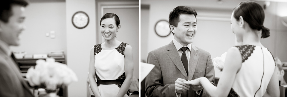 Two people exchange rings in a formal setting, smiling at each other, while another person holds a bouquet nearby. The scene appears to be a wedding ceremony. Jessica Hill Photography - Wedding Photographer - Oregon
