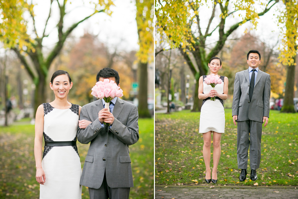 Two people dressed formally in a park; in one image, the man covers his face with a bouquet, and in the other, both are jumping while holding the bouquet. Jessica Hill Photography - Wedding Photographer - Oregon