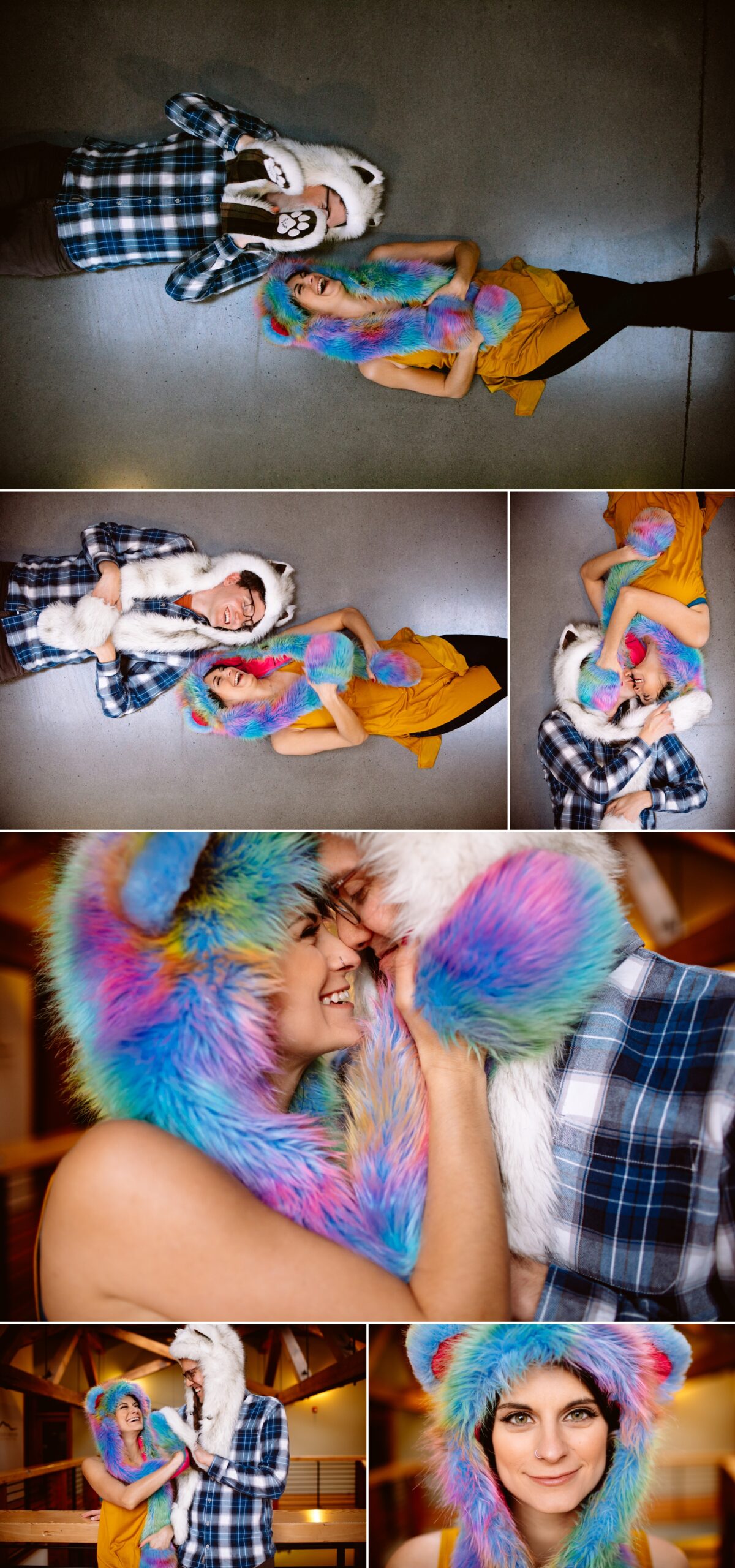 Collage of a modern wedding reception with a bride and groom, contemporary decor, guests dining, food platters, and the couple playing pool in a stylish venue. Jessica Hill Photography