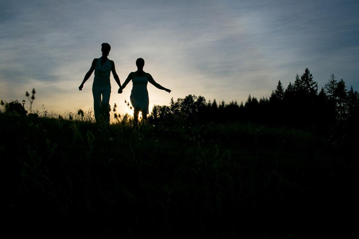 Silhouettes of two people holding hands, walking through a grassy field at sunset with trees in the background and a clear sky overhead. Jessica Hill Photography - Wedding Photographer - Oregon