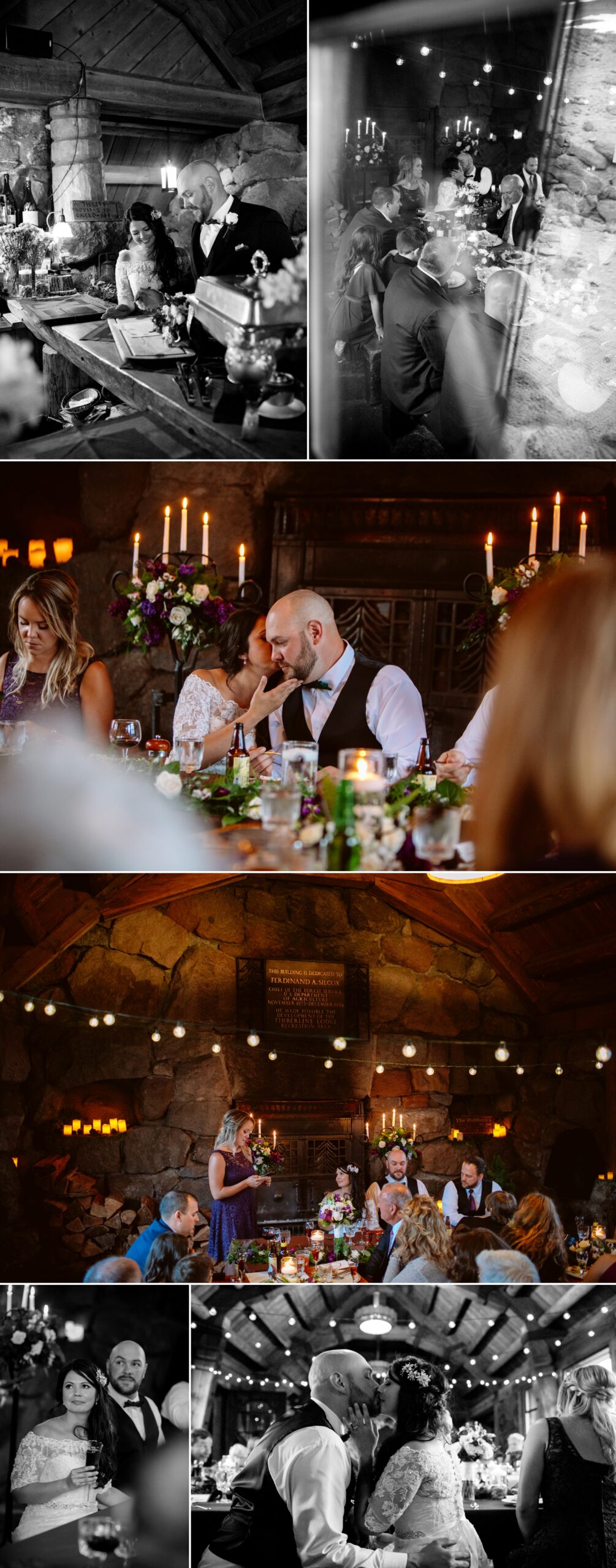 A bride and groom outside a large white building, a decorated indoor event space, a display of champagne glasses, and a group of people toasting and smiling. Jessica Hill Photography