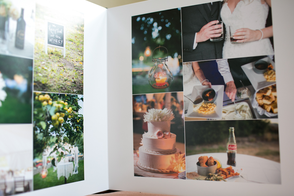 An open photo album displays various wedding-themed images, including a couple, food, drinks, a cake, decorations, and an outdoor setting. Jessica Hill Photography - Wedding Photographer - Oregon