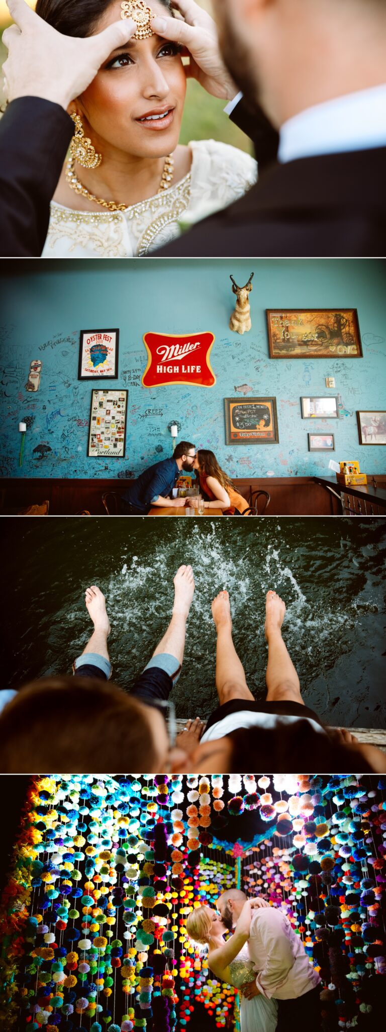 A series of four photos showing: a woman being helped with her jewelry, a couple kissing in a restaurant, two people dipping their feet in water, and a couple embracing under colorful lights. Jessica Hill Photography