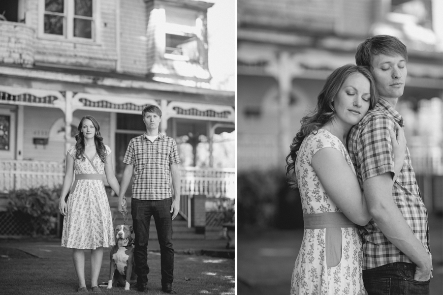 A woman and man stand holding hands with a dog in front of a house; in a second photo, the woman embraces the man from behind. Both images are in black and white. Jessica Hill Photography - Wedding Photographer - Oregon
