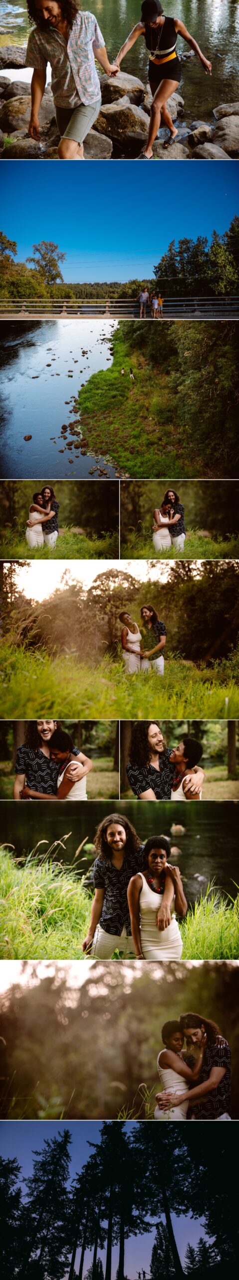 A couple poses together at various outdoor and urban locations, including by an American flag, a river, and near a city skyline. Jessica Hill Photography