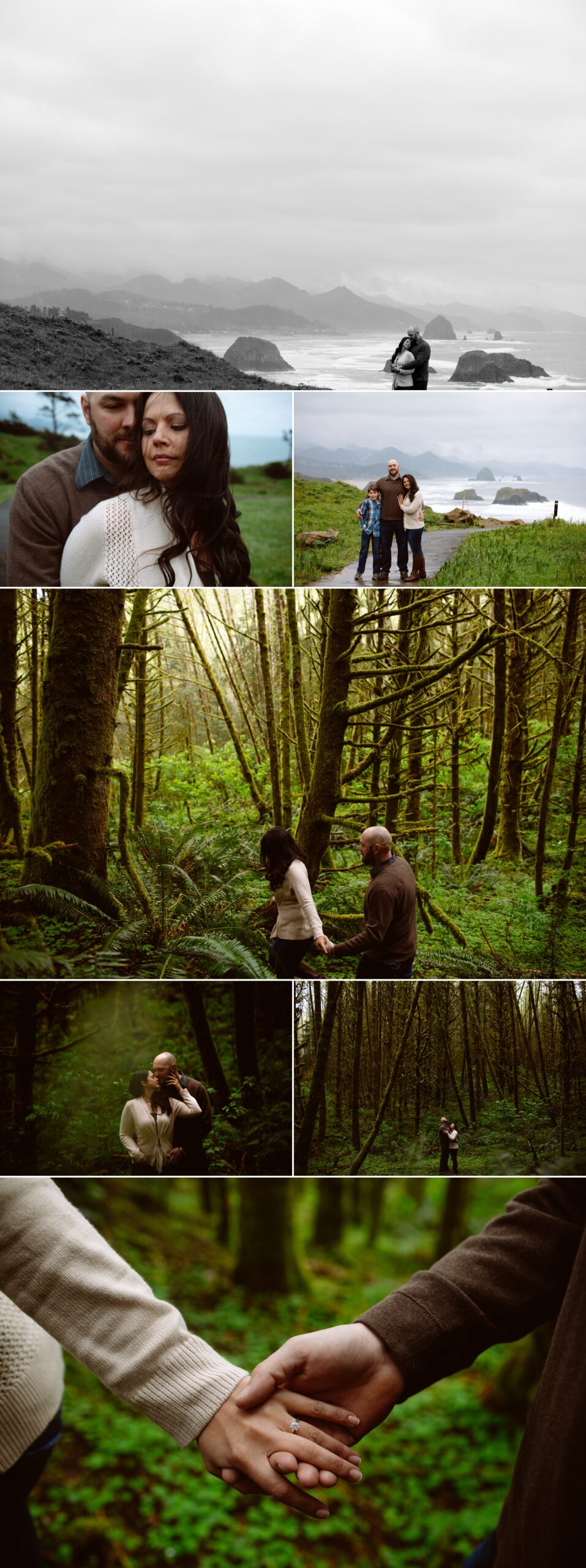 A family spends time outdoors and indoors, walking in nature, posing for photos, and standing by a lake, with trees and sunlight in the background. Jessica Hill Photography