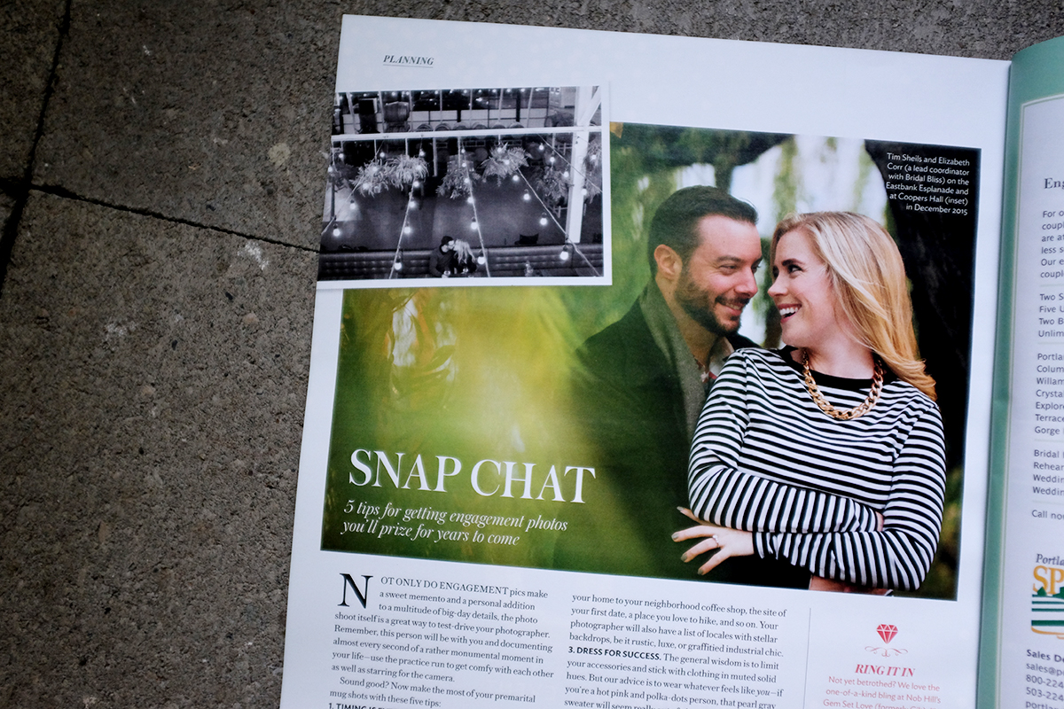 A magazine page titled "SNAP CHAT" shows a smiling couple embracing outdoors. Smaller inset photos of a photographer and a wedding ring are also included, along with text on engagement photo tips. Jessica Hill Photography - Wedding Photographer - Oregon