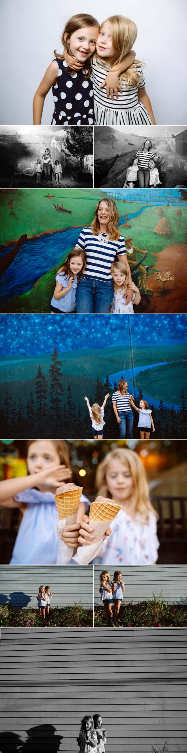 A wedding party poses for photos indoors, in a vehicle, and on a mountain cliffside with scenic views; bride, groom, family, and children are present. Jessica Hill Photography