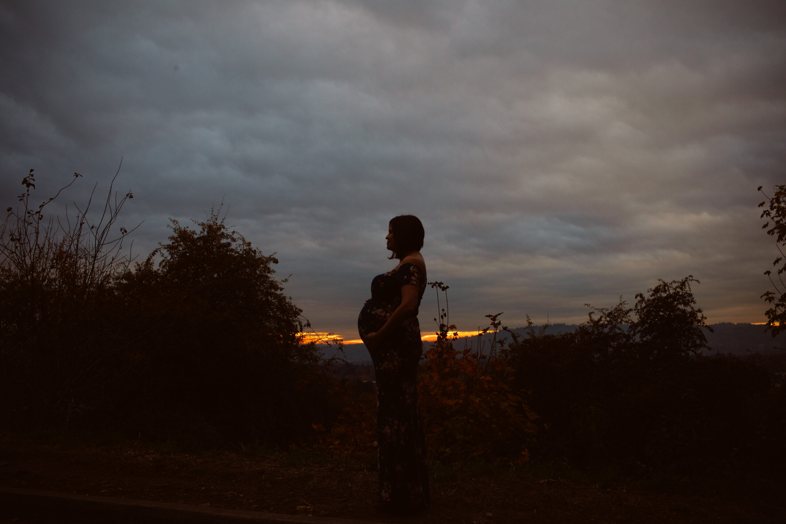 Silhouette of a pregnant woman standing outdoors at sunset, with cloudy sky and trees in the background. Jessica Hill Photography
