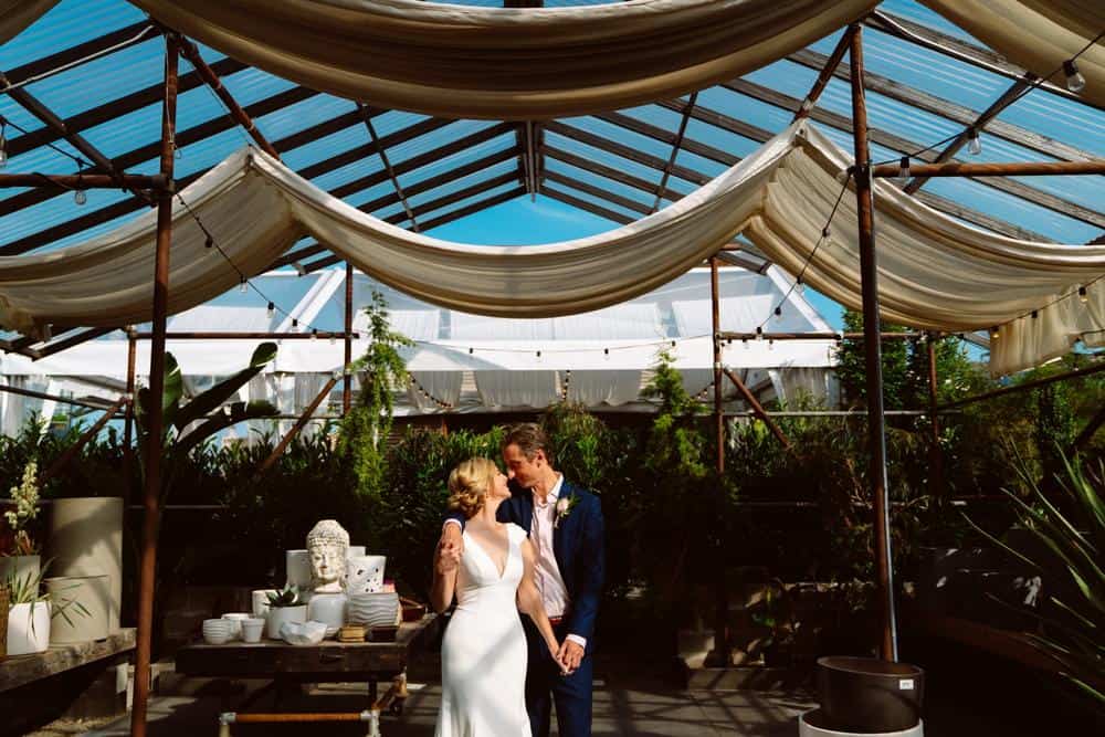 Couple embraces in sunlit greenhouse wedding